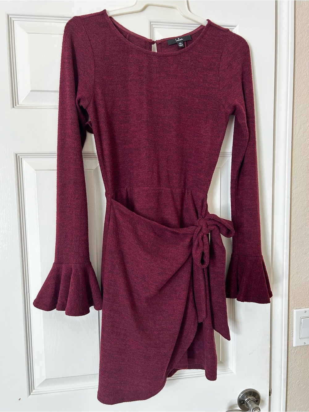 Lulu's Wine Wrap-Tie Long Sleeve Knit Dress